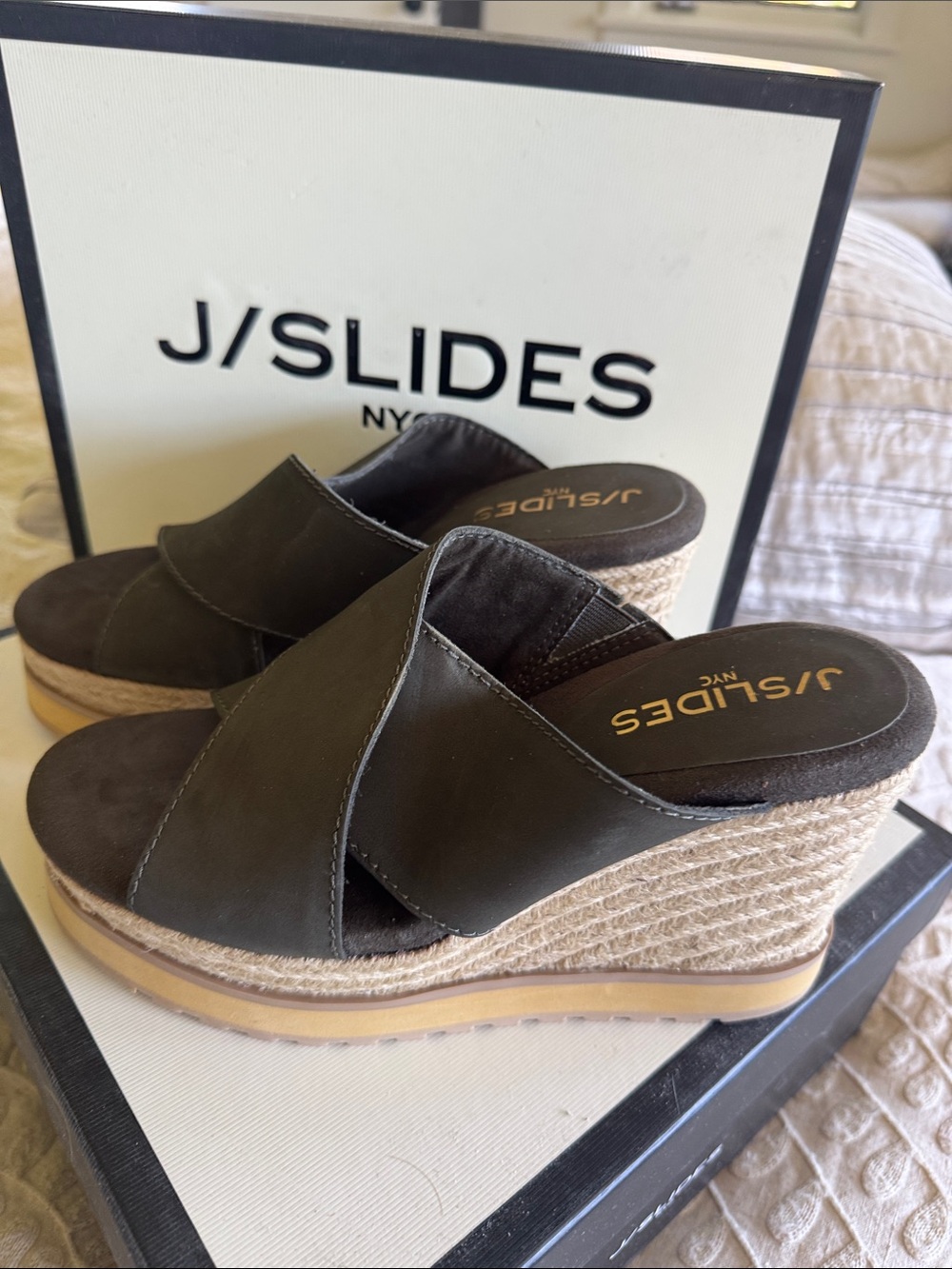 J/SLIDES Olive Cross-Band Espadrille Wedge Slides